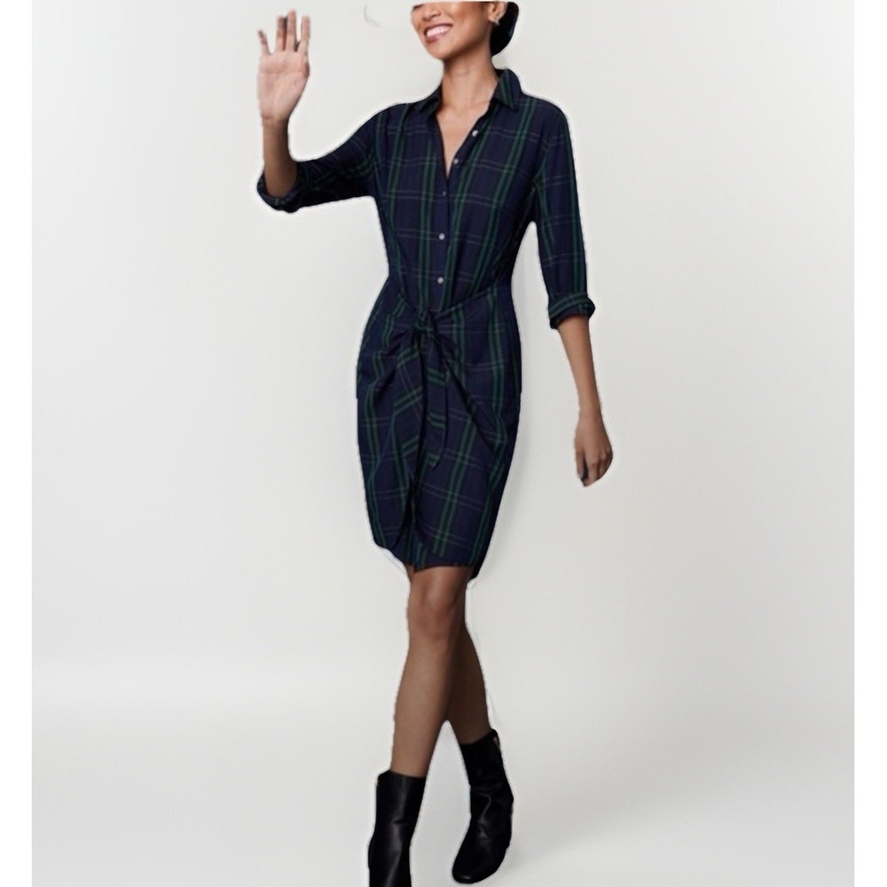 UNTUCKit Devon Green Plaid Tie Waist Shirt Dress Womens Size 6 Green Blue Preppy